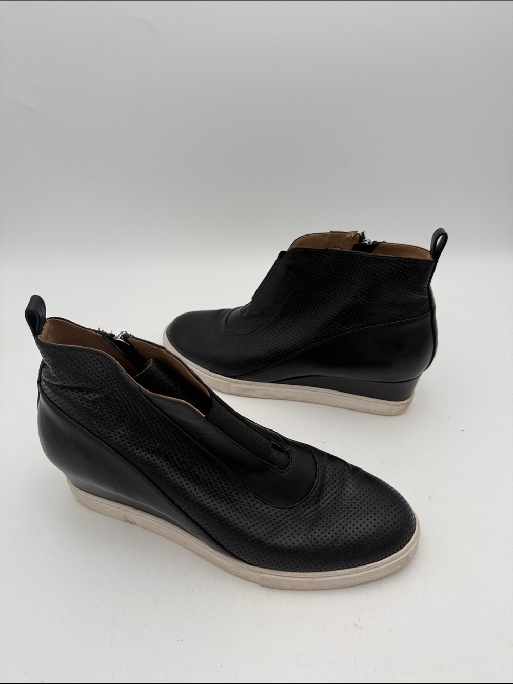Paolo Black Perforated Leather Wedge Sneakers women 9.5M casual office Y2K retro